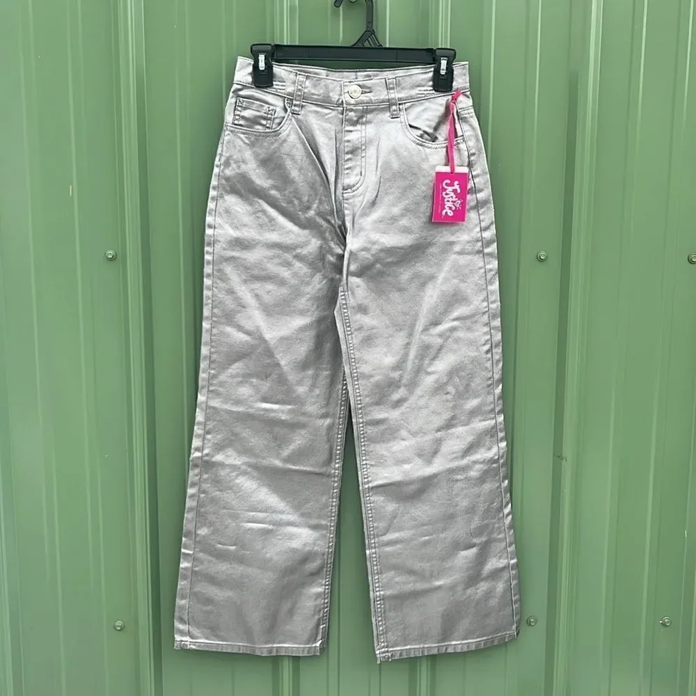Girls Wide Leg Silver Denim Pleather Pants Size 12